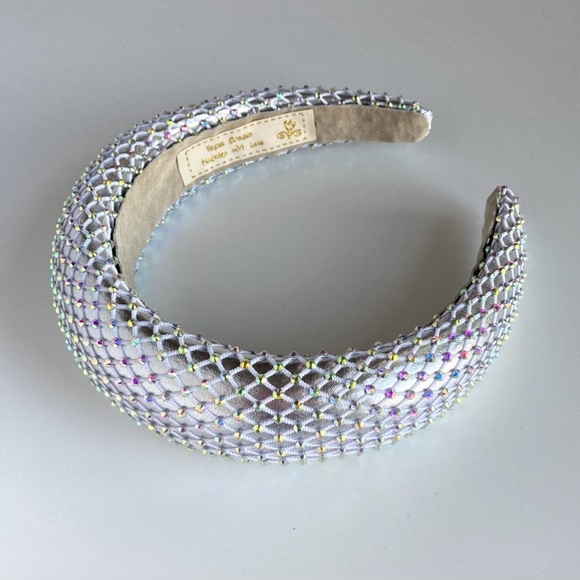 Padded 1.5” Headband with Rhinestone-Adorned Mesh Overlay/Silver Base Handmade - Picture 6 of 10